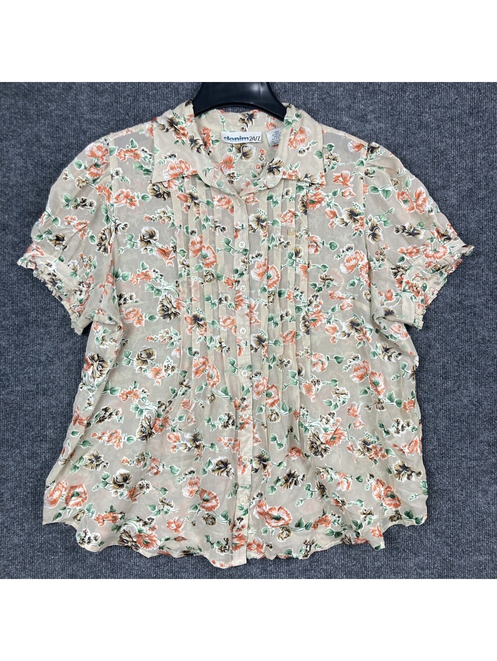 Denim 24/7 Womens 18W Beige Floral Print Button Up S/S Sheer Shirt Blouse EUC